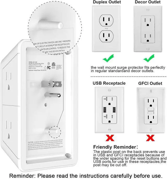 Alt view image 6 of 7 - 5 Outlet Extender Multi Plug Wall Outlets with 4 USB Charging Ports (1 USB C Outlet), 3 Sided 1680J Surge Protector Power Strip USB Wall Charger for Home, Office, Travel, ETL Listed, White