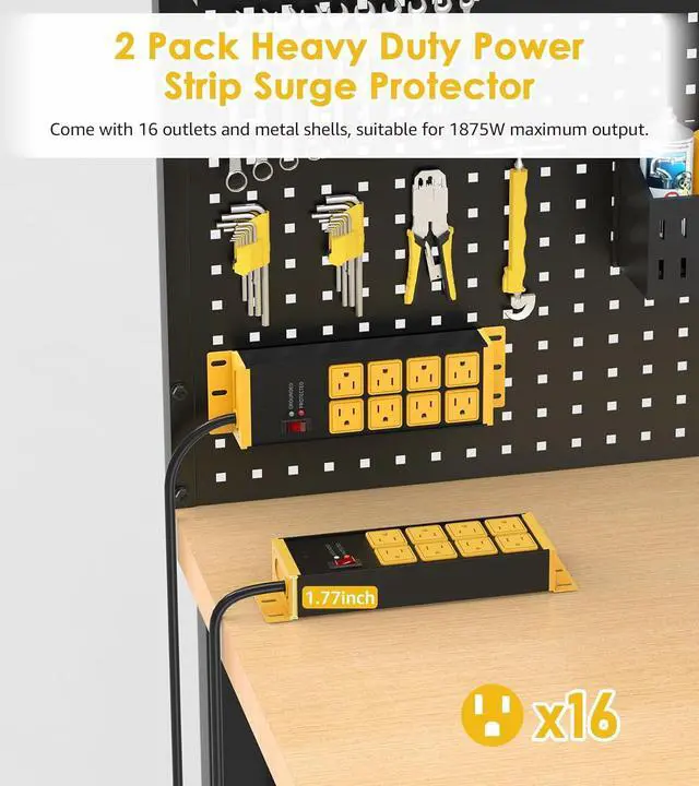 Alt view image 2 of 7 - 2 Pack Heavy Duty Power Strip 8 Outlets, Metal Wall Mount Outlet Strip 4800J Surge Protector, Garage Shop Under Desk Mountable 10FT Extension Cord Plug, ETL Listed