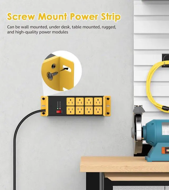 Alt view image 3 of 7 - 2 Pack Heavy Duty Power Strip 8 Outlets, Metal Wall Mount Outlet Strip 4800J Surge Protector, Garage Shop Under Desk Mountable 10FT Extension Cord Plug, ETL Listed
