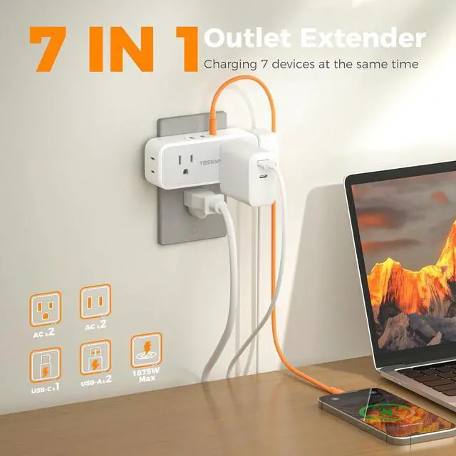Alt view image 2 of 7 - Surge Protector Outlet Extender, TESSAN Multi Plug Splitter with 4 Electrical Outlets 3 USB Ports(1 USB C), Multiple Plug Mini Wall Expander for Home Bathroom Office Dorm Room Essentials