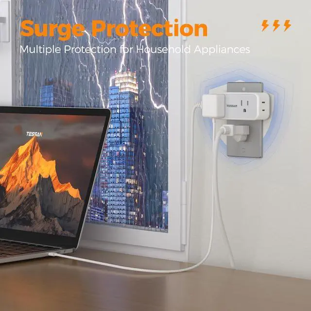 Alt view image 4 of 7 - Surge Protector Outlet Extender, TESSAN Multi Plug Splitter with 4 Electrical Outlets 3 USB Ports(1 USB C), Multiple Plug Mini Wall Expander for Home Bathroom Office Dorm Room Essentials