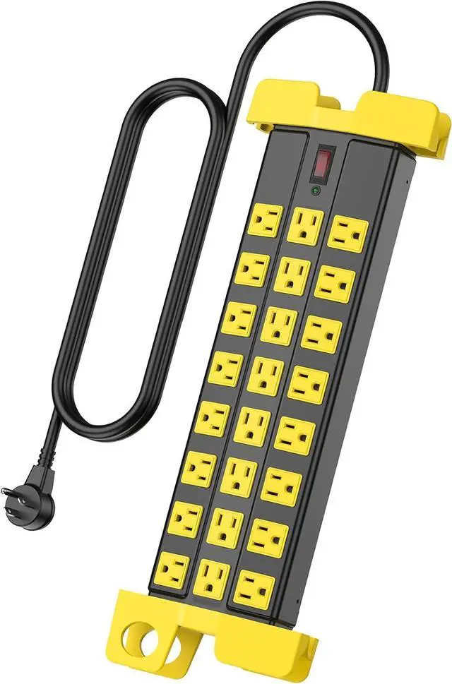 Main image of Heavy Duty Power Strip with Surge Protection Industrial Commercial Metal 24 Outlets Wall Mount for Garage Shop 15 Amp Switch 6FT Extension Cord Black.