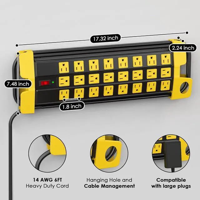 Alt view image 4 of 7 - Heavy Duty Power Strip with Surge Protection Industrial Commercial Metal 24 Outlets Wall Mount for Garage Shop 15 Amp Switch 6FT Extension Cord Black.