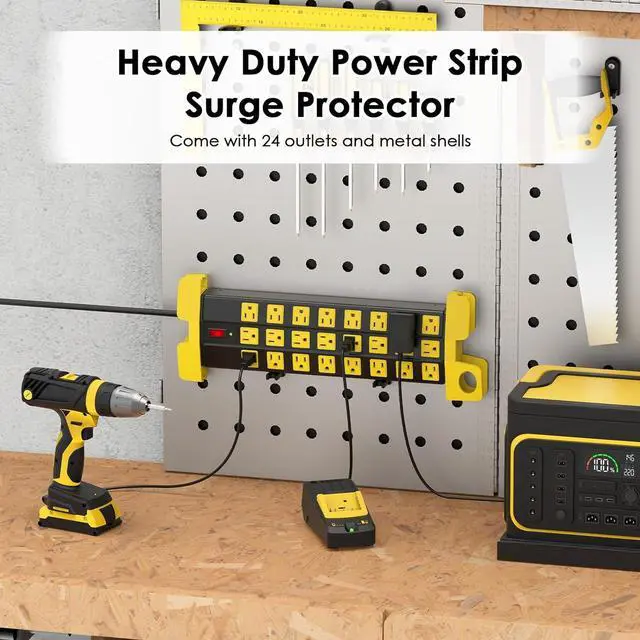 Alt view image 2 of 7 - Heavy Duty Power Strip with Surge Protection Industrial Commercial Metal 24 Outlets Wall Mount for Garage Shop 15 Amp Switch 6FT Extension Cord Black.