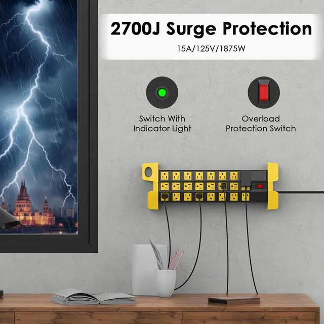 Alt view image 3 of 7 - Heavy Duty Power Strip with Surge Protection Industrial Commercial Metal 24 Outlets Wall Mount for Garage Shop 15 Amp Switch 6FT Extension Cord Black.