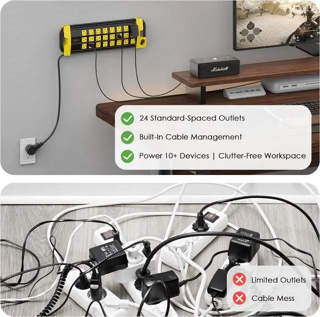 Alt view image 5 of 7 - Heavy Duty Power Strip with Surge Protection Industrial Commercial Metal 24 Outlets Wall Mount for Garage Shop 15 Amp Switch 6FT Extension Cord Black.