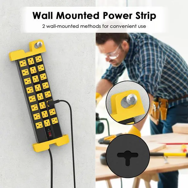 Alt view image 6 of 7 - Heavy Duty Power Strip with Surge Protection Industrial Commercial Metal 24 Outlets Wall Mount for Garage Shop 15 Amp Switch 6FT Extension Cord Black.