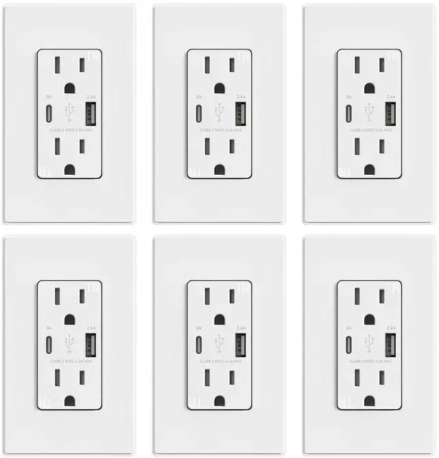 Main image of ELEGRP USB Outlets, 15 Amp Wall Outlet with USB Ports, 21W USB Outlets Receptacles with Type A & Type C Ports, Tamper Resistant Receptacle, Wall Plate Included, Ul Listed (6 Pack, Matte White)