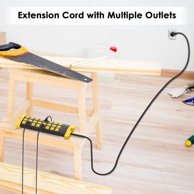 Alt view image 7 of 7 - Heavy Duty Power Strip with Surge Protection Industrial Commercial Metal 24 Outlets Wall Mount for Garage Shop 15 Amp Switch 6FT Extension Cord Black.