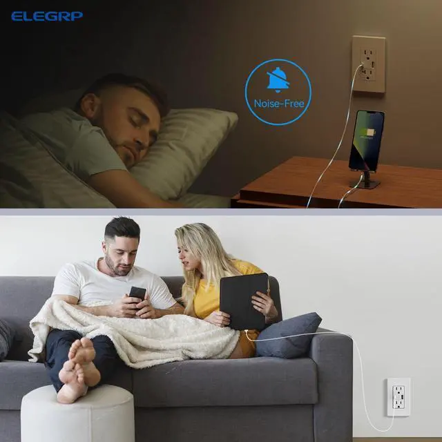 Alt view image 7 of 7 - ELEGRP USB Outlets, 15 Amp Wall Outlet with USB Ports, 21W USB Outlets Receptacles with Type A & Type C Ports, Tamper Resistant Receptacle, Wall Plate Included, Ul Listed (6 Pack, Matte White)