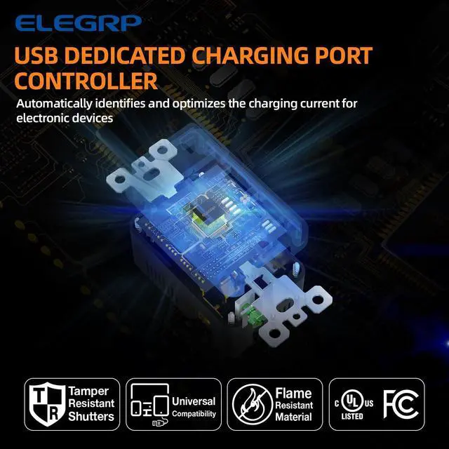 Alt view image 4 of 7 - ELEGRP USB Charger Wall Outlet with Type A & Type C USB Ports, 20 Amp Duplex Tamper Resistant Receptacle Plug, Wall Plate Included, UL Listed (10 Pack, Matte White)