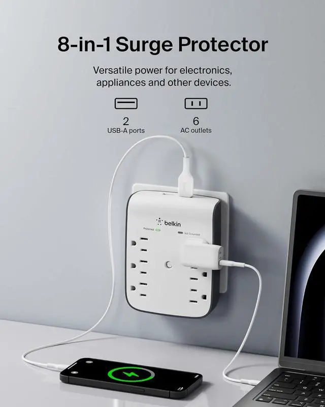Alt view image 2 of 7 - 6-Outlet Wall Surge Protector w/ 2 USB-A Ports Wall-Mountable Surge Protector for Home Office Travel Computer Desktop Laptop Phone Charger & More - 900 Joules of Protection