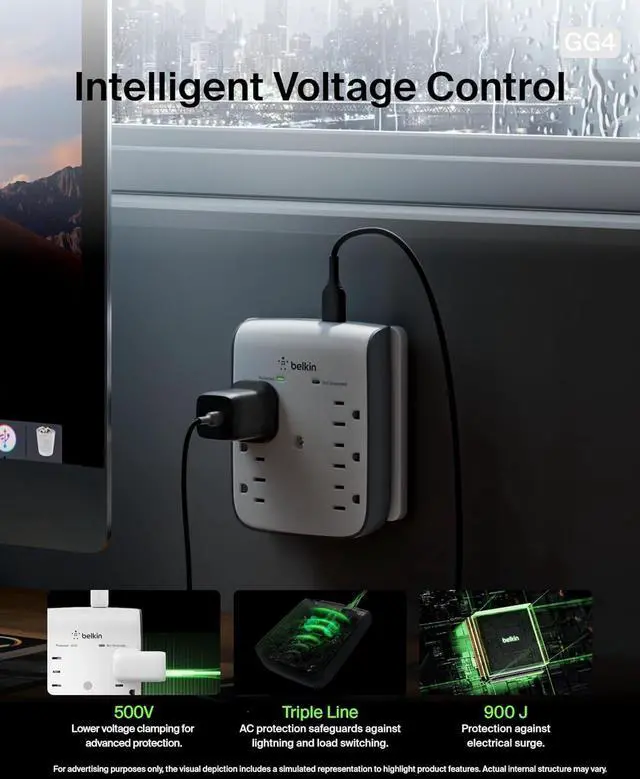 Alt view image 4 of 7 - 6-Outlet Wall Surge Protector w/ 2 USB-A Ports Wall-Mountable Surge Protector for Home Office Travel Computer Desktop Laptop Phone Charger & More - 900 Joules of Protection