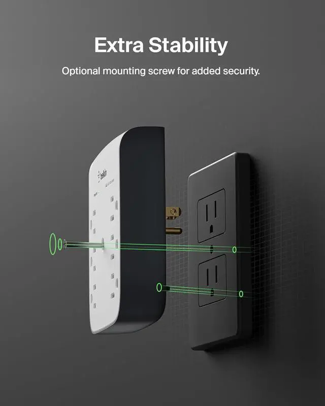 Alt view image 6 of 7 - 6-Outlet Wall Surge Protector w/ 2 USB-A Ports Wall-Mountable Surge Protector for Home Office Travel Computer Desktop Laptop Phone Charger & More - 900 Joules of Protection