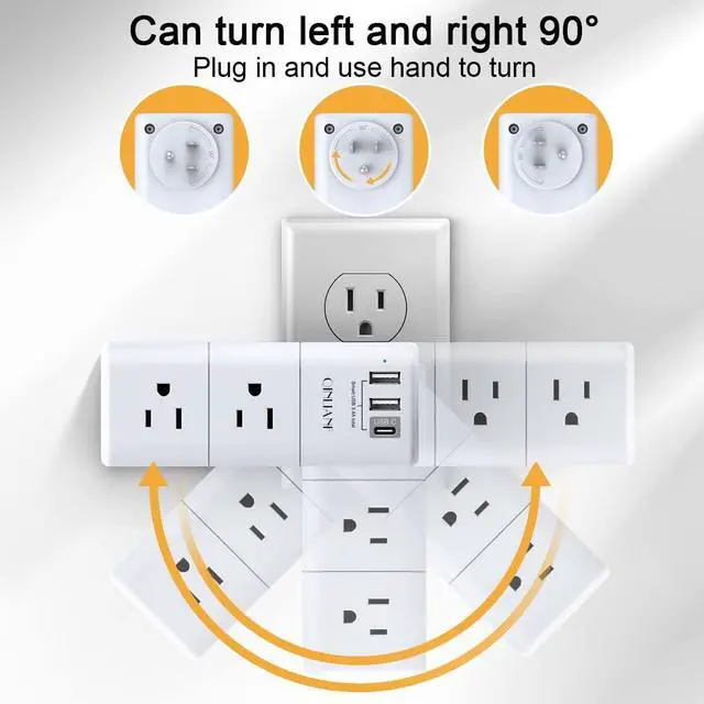 Alt view image 3 of 7 - USB Outlet Extender Surge Protector - Rotating Plug 3-Sided Swivel Power Strip 6 AC Spaced Outlet Splitter and 3 USB Ports (1 USB C) for Travel Home Office ETL