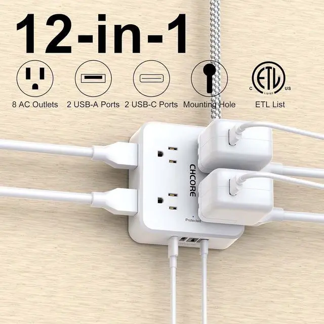 Alt view image 2 of 7 - Surge Protector Power Strip - 5Ft Braided Extension Cord with 8 Outlets with 4 USB (2 USB C) Charging Ports Flat Plug Multi Plug Outlet Extender Charging Station for Home Office ETL White