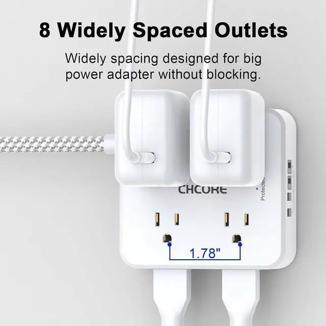 Alt view image 4 of 7 - Surge Protector Power Strip - 5Ft Braided Extension Cord with 8 Outlets with 4 USB (2 USB C) Charging Ports Flat Plug Multi Plug Outlet Extender Charging Station for Home Office ETL White