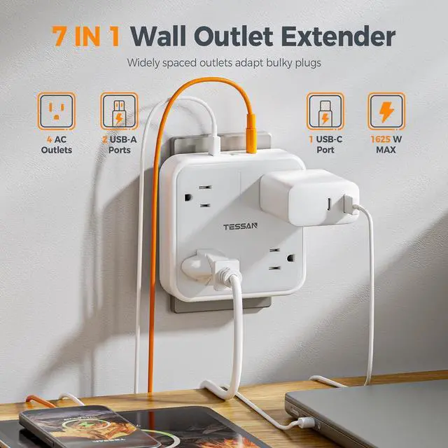 Alt view image 2 of 6 - Multi Plug Outlet Extender, TESSAN Surge Protector Splitter with 3 USB (1 USB C Port) Wall Charger, Multiple Expander for Travel, Home, College Dorm Room
