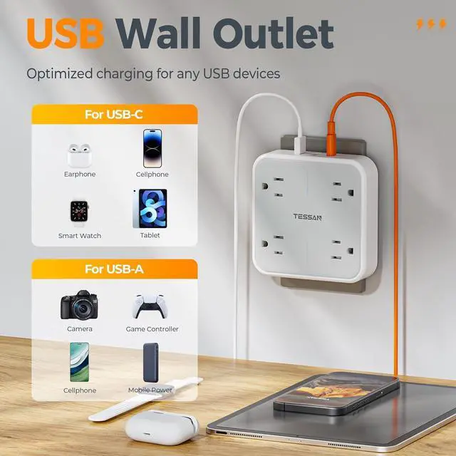 Alt view image 4 of 6 - Multi Plug Outlet Extender, TESSAN Surge Protector Splitter with 3 USB (1 USB C Port) Wall Charger, Multiple Expander for Travel, Home, College Dorm Room