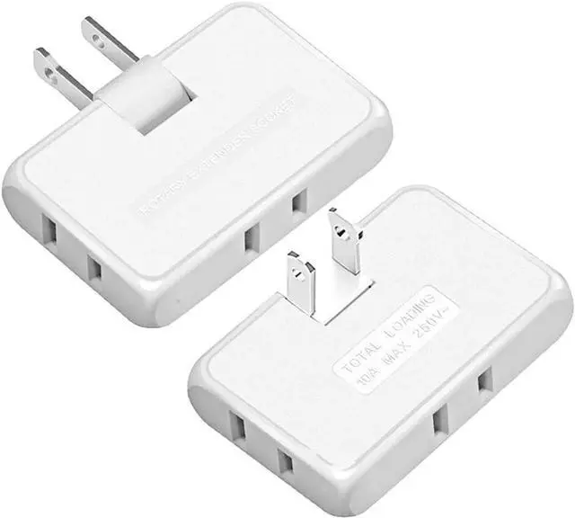 Main image of 3 Way Flat Wall Outlet Extender 2 Prong180 Degree Portable Swivel Wall Tap Plug Ultra Thin Folding Electrical Outlet Splitter (Easy Install) Type A White Pack of 2
