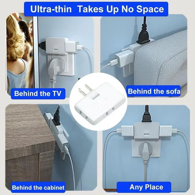 Alt view image 2 of 6 - 3 Way Flat Wall Outlet Extender 2 Prong180 Degree Portable Swivel Wall Tap Plug Ultra Thin Folding Electrical Outlet Splitter (Easy Install) Type A White Pack of 2