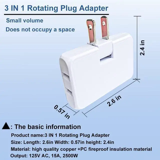 Alt view image 3 of 6 - 3 Way Flat Wall Outlet Extender 2 Prong180 Degree Portable Swivel Wall Tap Plug Ultra Thin Folding Electrical Outlet Splitter (Easy Install) Type A White Pack of 2