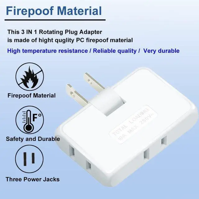 Alt view image 4 of 6 - 3 Way Flat Wall Outlet Extender 2 Prong180 Degree Portable Swivel Wall Tap Plug Ultra Thin Folding Electrical Outlet Splitter (Easy Install) Type A White Pack of 2
