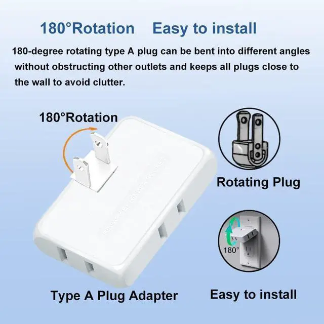Alt view image 5 of 6 - 3 Way Flat Wall Outlet Extender 2 Prong180 Degree Portable Swivel Wall Tap Plug Ultra Thin Folding Electrical Outlet Splitter (Easy Install) Type A White Pack of 2
