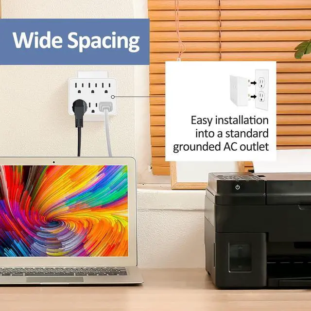 Alt view image 5 of 7 - 3 Prong Power Strip Outlet Extender Multi Plug Outlet with 6 Electrical Outlets Adapter Grounded Wall Outlet Tap ETL Listed 125V 15A Max 1875W Quick and Easy Install White