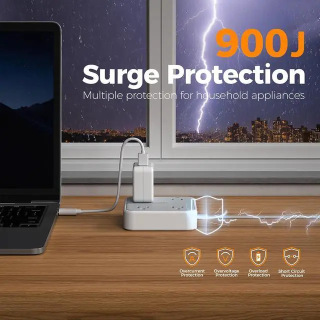 Alt view image 2 of 7 - TESSAN Surge Protector Flat Extension Cord 5Ft, Flat Plug Power Strip with 4 Outlets 3 USB Ports (1 USB C), 900 Joules Protection, Multiple Wall Outlet Extender Suitable for Home Office Dorm, Grey