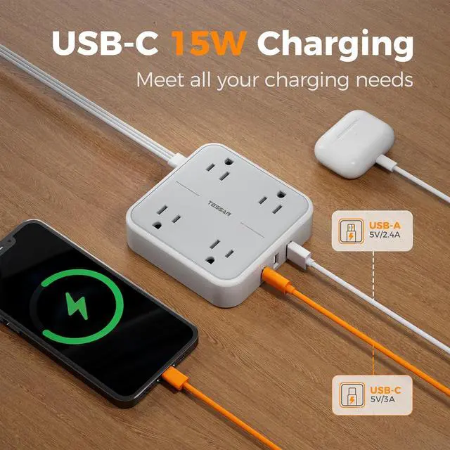 Alt view image 3 of 7 - TESSAN Surge Protector Flat Extension Cord 5Ft, Flat Plug Power Strip with 4 Outlets 3 USB Ports (1 USB C), 900 Joules Protection, Multiple Wall Outlet Extender Suitable for Home Office Dorm, Grey