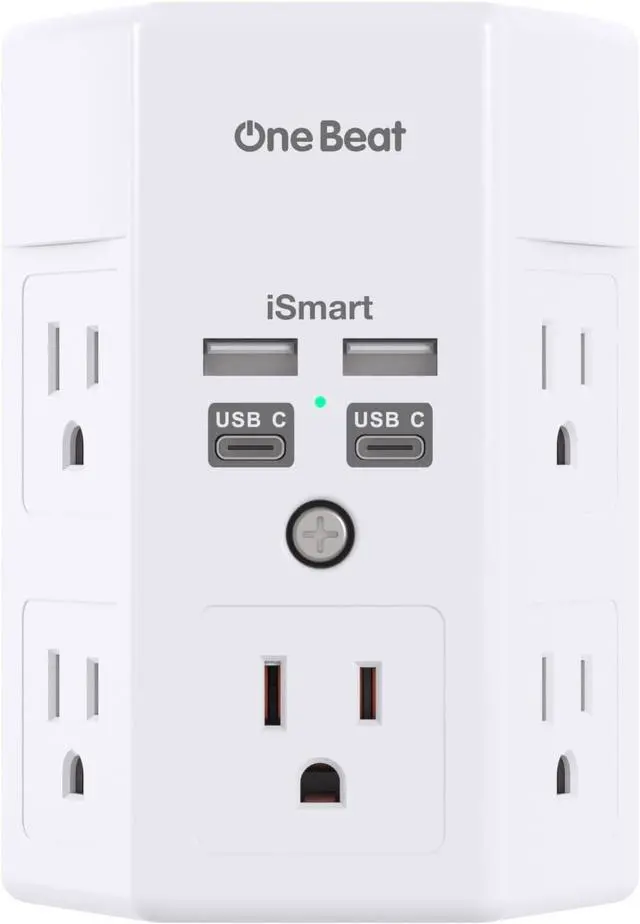 Main image of One Beat 1680J 3 Side Power Strip Multi Plug Expander, Surge Protector, 5 Outlets Extender, 4 USB Ports (USB C), Wall Mount Charger, Outlet Splitter Adapter for Home, Travel, Office, ETL Listed, White