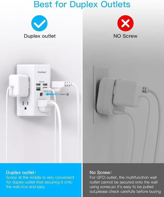Alt view image 3 of 7 - One Beat 1680J 3 Side Power Strip Multi Plug Expander, Surge Protector, 5 Outlets Extender, 4 USB Ports (USB C), Wall Mount Charger, Outlet Splitter Adapter for Home, Travel, Office, ETL Listed, White