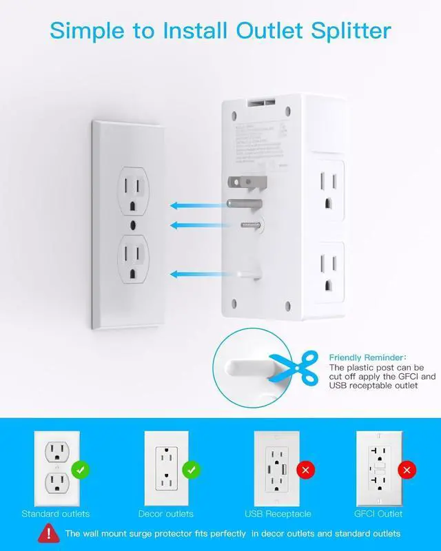 Alt view image 4 of 7 - One Beat 1680J 3 Side Power Strip Multi Plug Expander, Surge Protector, 5 Outlets Extender, 4 USB Ports (USB C), Wall Mount Charger, Outlet Splitter Adapter for Home, Travel, Office, ETL Listed, White