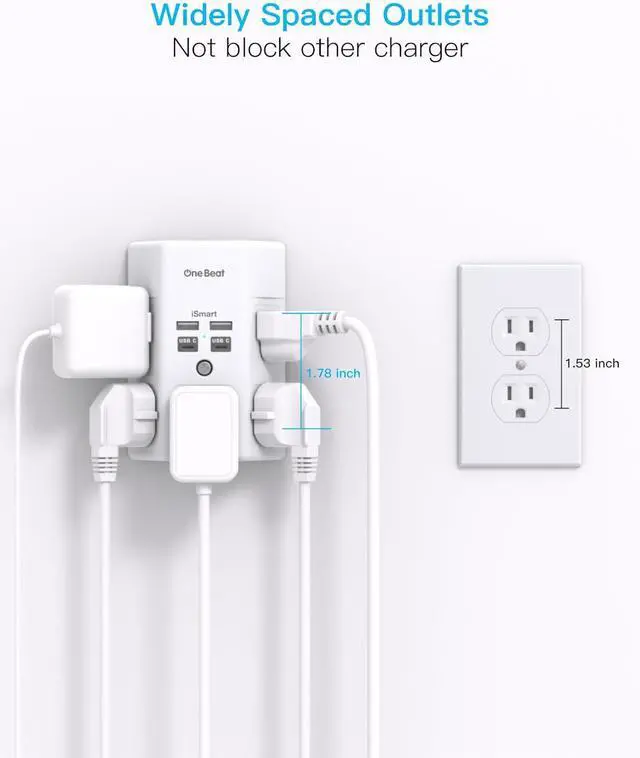 Alt view image 7 of 7 - One Beat 1680J 3 Side Power Strip Multi Plug Expander, Surge Protector, 5 Outlets Extender, 4 USB Ports (USB C), Wall Mount Charger, Outlet Splitter Adapter for Home, Travel, Office, ETL Listed, White