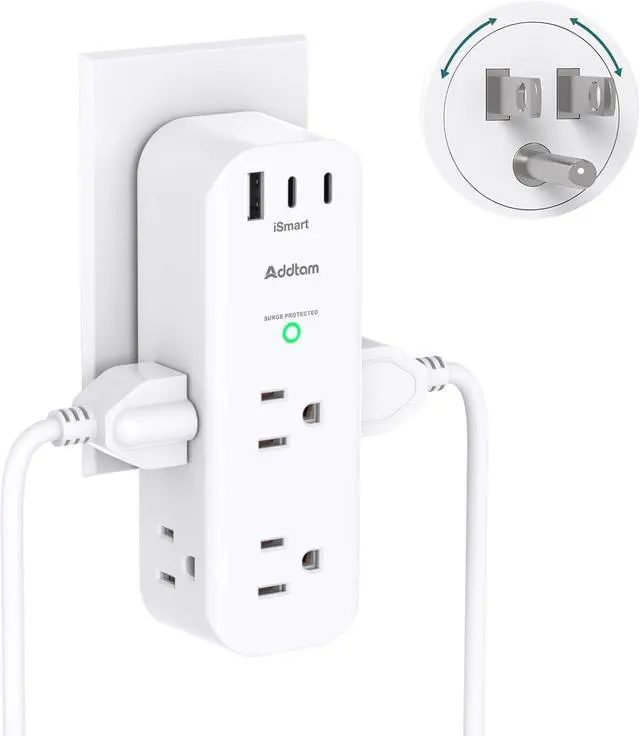 Main image of Surge Protector Wall Outlet Extender Multi Plug Outlet with Rotating Plug 6 AC Outlets 3 USB Ports (2 USB C) 1800J 3-Side Power Strip Wall Mount Outlet Splitter for College Dorm Travel Essentials