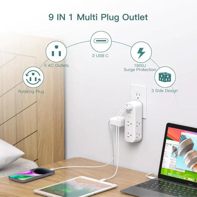 Alt view image 2 of 7 - Surge Protector Wall Outlet Extender Multi Plug Outlet with Rotating Plug 6 AC Outlets 3 USB Ports (2 USB C) 1800J 3-Side Power Strip Wall Mount Outlet Splitter for College Dorm Travel Essentials