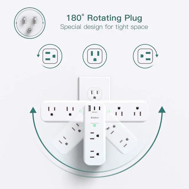Alt view image 3 of 7 - Surge Protector Wall Outlet Extender Multi Plug Outlet with Rotating Plug 6 AC Outlets 3 USB Ports (2 USB C) 1800J 3-Side Power Strip Wall Mount Outlet Splitter for College Dorm Travel Essentials