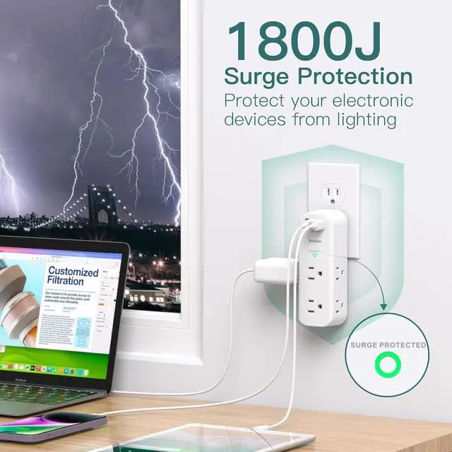 Alt view image 4 of 7 - Surge Protector Wall Outlet Extender Multi Plug Outlet with Rotating Plug 6 AC Outlets 3 USB Ports (2 USB C) 1800J 3-Side Power Strip Wall Mount Outlet Splitter for College Dorm Travel Essentials