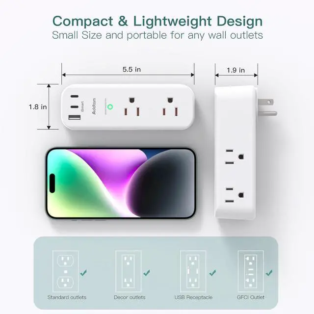 Alt view image 7 of 7 - Surge Protector Wall Outlet Extender Multi Plug Outlet with Rotating Plug 6 AC Outlets 3 USB Ports (2 USB C) 1800J 3-Side Power Strip Wall Mount Outlet Splitter for College Dorm Travel Essentials