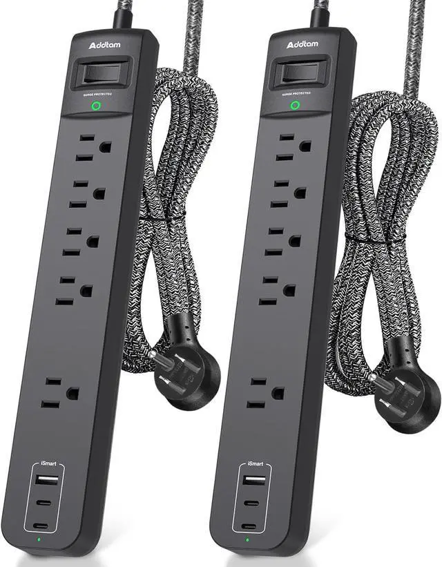 Main image of 2 Pack Power Strip Surge Protector - 5 Widely Spaced Outlets 3 USB Charging Ports 1875W/15A with 6Ft Braided Extension Cord Flat Plug Overload Surge Protection Wall Mount for Home Office