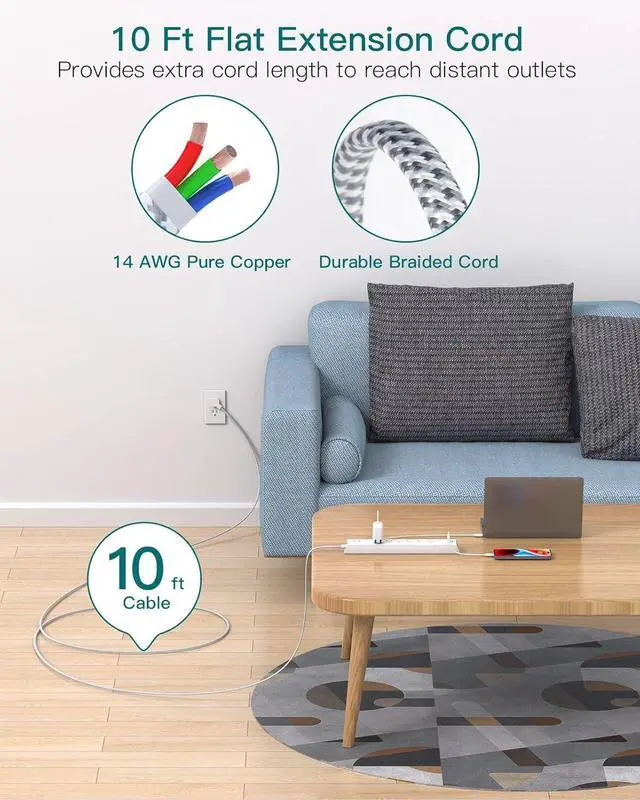 Alt view image 2 of 7 - Extension Cord 10 ft - Long Power Strip Surge Protector 6 AC Outlet 4 USB (2 USB C) Flat Plug Wall Mount Multi Plug Outlet Extender Desk Charging Station for Home Office Dorm Room Essentials