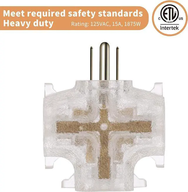 Alt view image 5 of 7 - 3-Outlet Grounding Adapter Heavy Duty 3 Way Plug Adapter ETL Listed Grounded Power Tap 3 Prong Outlet Splitter (Transparent with Light 4 Pack)