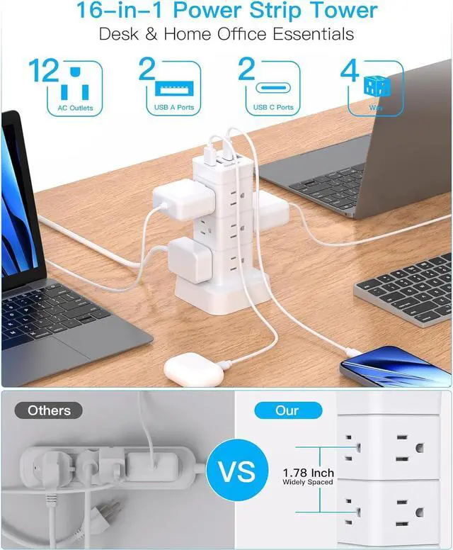 Alt view image 2 of 7 - Surge Protector Power Strip Tower, 12 Outlets 4 USB (2 USB C) Desktop Charging Station for Multiple Devices, 6Ft Flat Plug Extension Cord with Multiple Outlets, Home Office College Dorm Essentials