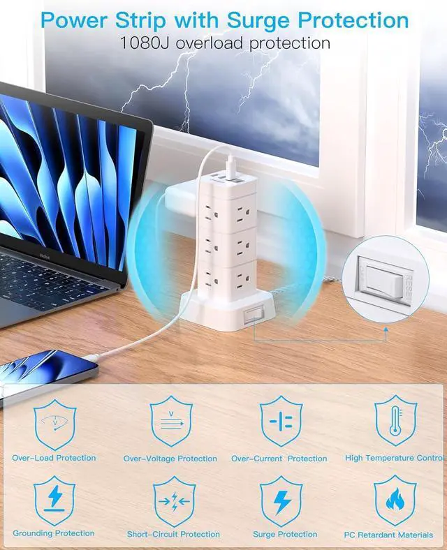 Alt view image 5 of 7 - Surge Protector Power Strip Tower, 12 Outlets 4 USB (2 USB C) Desktop Charging Station for Multiple Devices, 6Ft Flat Plug Extension Cord with Multiple Outlets, Home Office College Dorm Essentials
