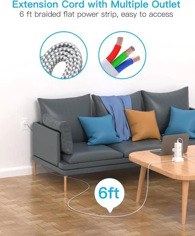 Alt view image 6 of 7 - Surge Protector Power Strip Tower, 12 Outlets 4 USB (2 USB C) Desktop Charging Station for Multiple Devices, 6Ft Flat Plug Extension Cord with Multiple Outlets, Home Office College Dorm Essentials