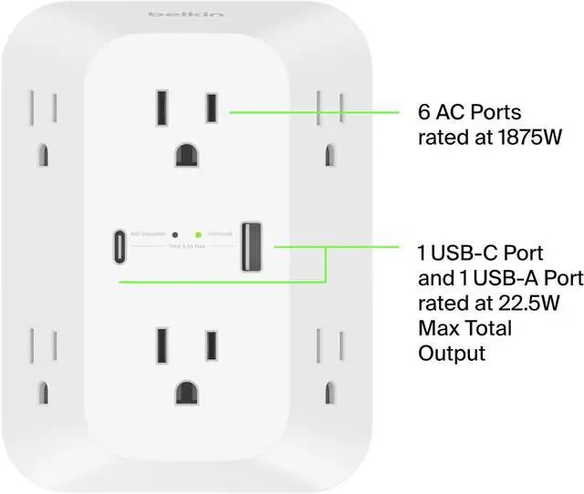 Alt view image 2 of 5 - 6-Outlet Surge Protector Power Strip ETL-listed Wall-Mountable w/ 6 AC Outlets Overvoltage Protection LED Indicator USB-C & USB-A Ports w/ USB-C PD Fast Charge - 1 680 Joules of Protection