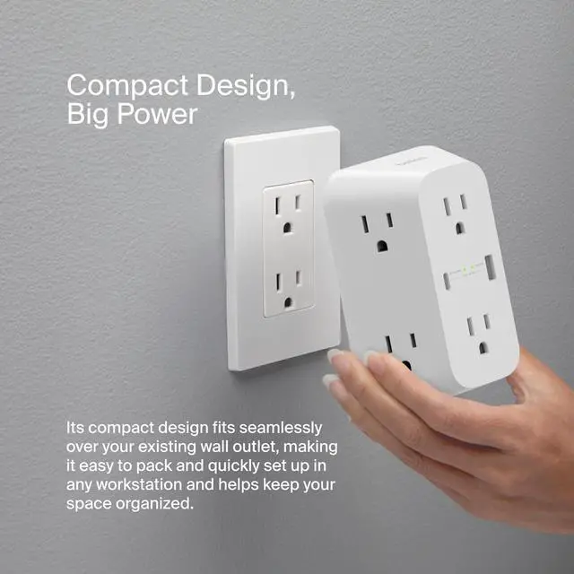 Alt view image 3 of 5 - 6-Outlet Surge Protector Power Strip ETL-listed Wall-Mountable w/ 6 AC Outlets Overvoltage Protection LED Indicator USB-C & USB-A Ports w/ USB-C PD Fast Charge - 1 680 Joules of Protection