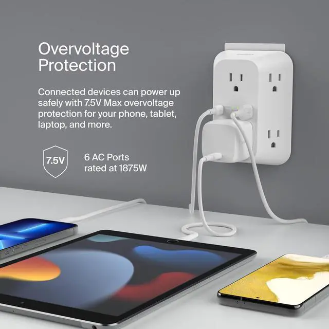 Alt view image 5 of 5 - 6-Outlet Surge Protector Power Strip ETL-listed Wall-Mountable w/ 6 AC Outlets Overvoltage Protection LED Indicator USB-C & USB-A Ports w/ USB-C PD Fast Charge - 1 680 Joules of Protection