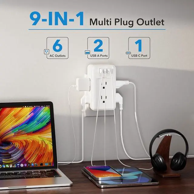 Alt view image 2 of 7 - Multi Plug Outlet 6 Wall Outlet Extender with 3 USB Charging Ports (1 USB C) Total 3.4A 3-Sided Outlets Splitter Multiple Outlet Wall Plug for Home Office Dorm Room